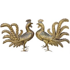 Vintage Pair of Monumental French Brass Roosters C. 1940's