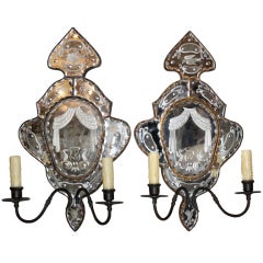 Pair of Two Light Etched Mirrored Sconces