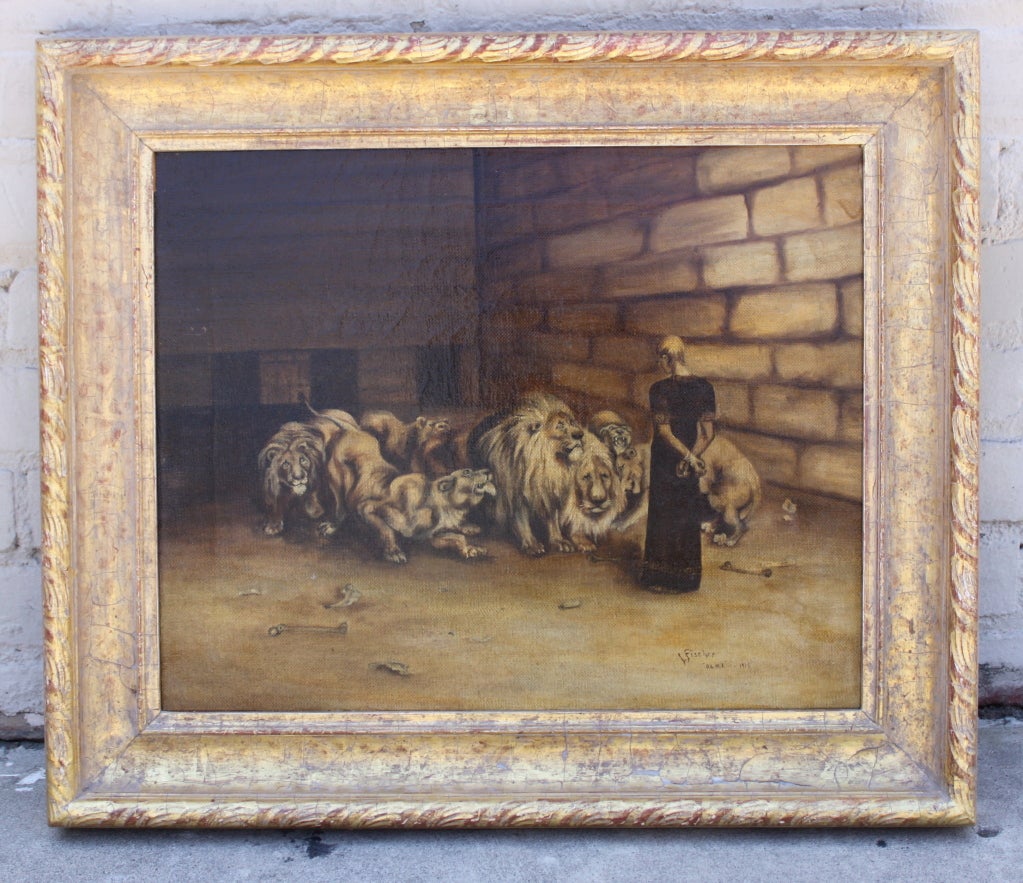 Signed oil on canvas of Daniel with lions from the bible.