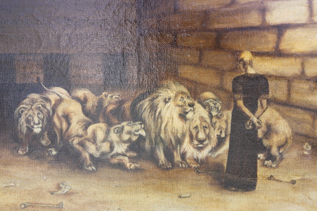 Oil Painting of Daniel with Lions In Excellent Condition In Los Angeles, CA