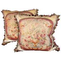 Pair of 19th C. Floral Aubusson Pillows with Trim