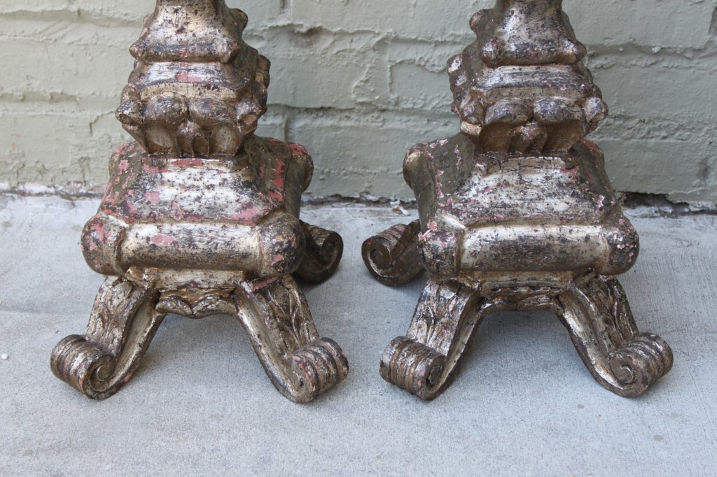 Pair of Carved Italian Silver Leaf Candlesticks