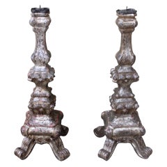 Pair of Carved Italian Silver Leaf Candlesticks