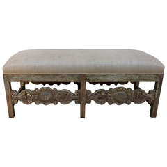 Spanish Carved Burlap Upholstered Bench