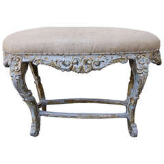 Painted Carved French Bench with Burlap Upholstery