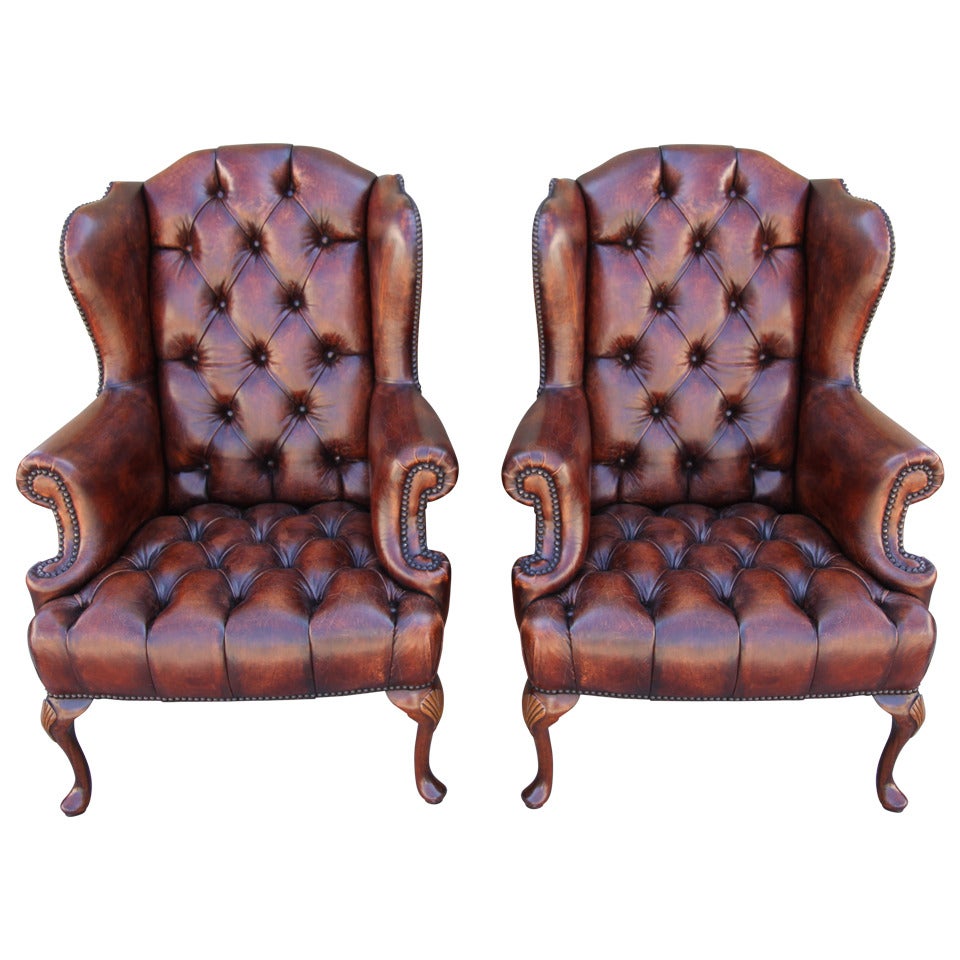 Pair of French Leather Tufted Wingback Chairs