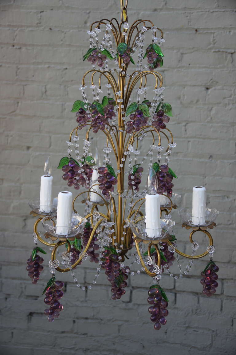 Six-light French beaded chandelier with purple and green grapes throughout. Gilt metal frame. Newly wired with wax candle covers, chain and canopy.
