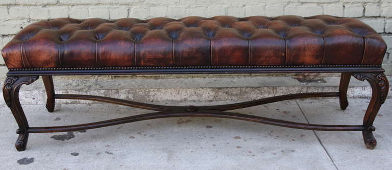 French Leather Tufted Bench, Circa 1940