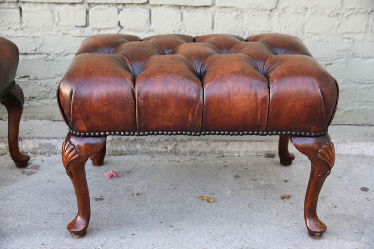 Pair of French Leather Tufted Benches