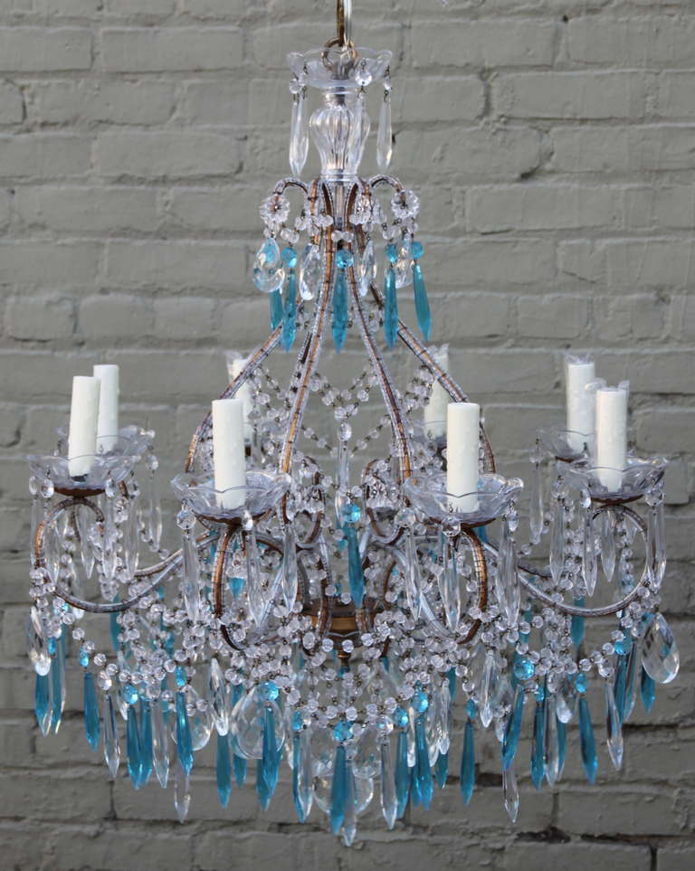Italian (8) light macaroni beaded crystal chandelier with aqua & clear crystal drops. Newly wired with wax candle covers.  Chain & canopy included.