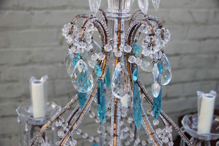 Italian Aqua & Clear Crystal Beaded Chandelier In Excellent Condition In Los Angeles, CA