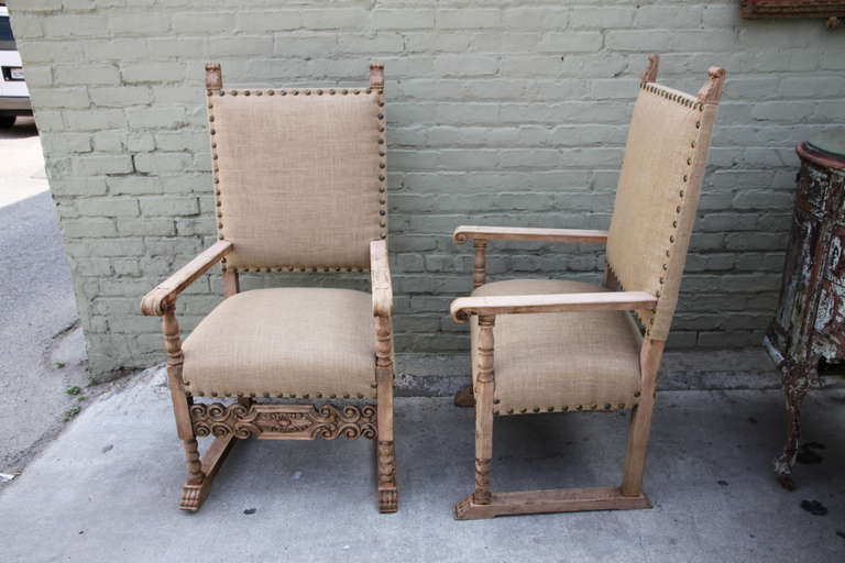 20th Century Pair of Spanish Burlap Upholstered Armchairs