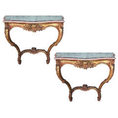 Antique Pair of French Painted Gilt Wood Consoles with Mirrored Tops