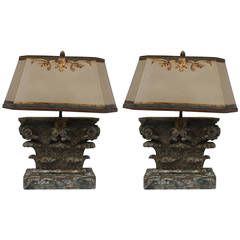 Antique Pair of Italian Carved Capital Lamps with Parchment Shades