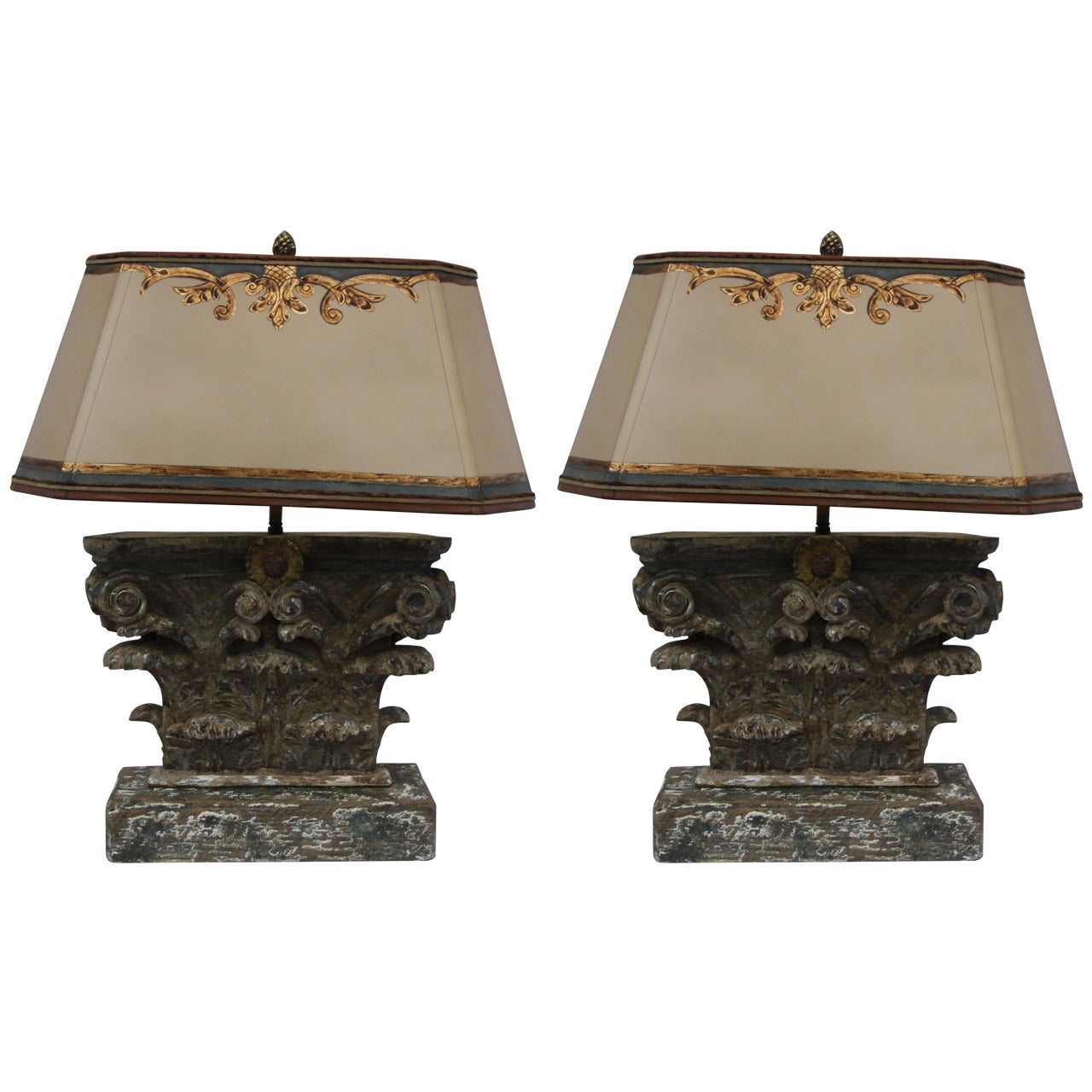Pair of Italian Carved Capital Lamps with Parchment Shades