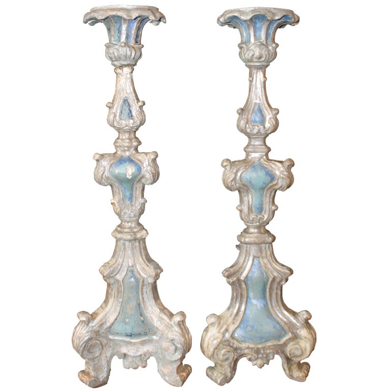 Pair of 19th C. Italian Painted Candlesticks