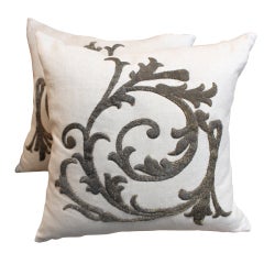 Pair of Italian Metallic Appliqued Linen Pillows