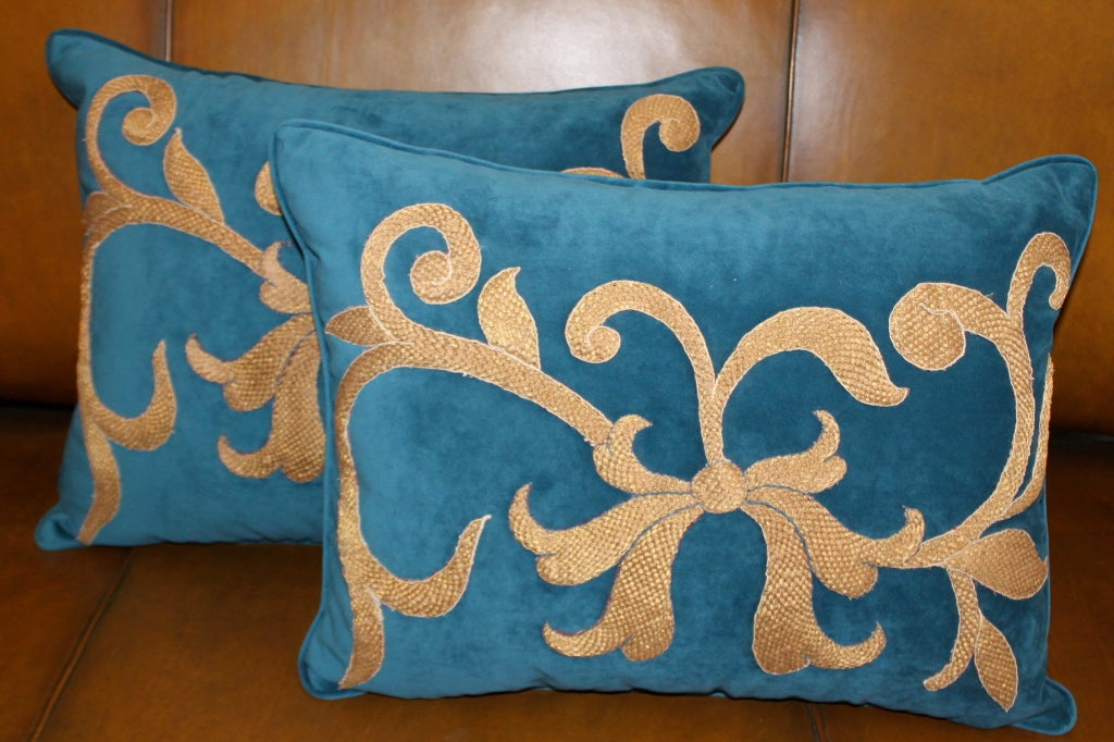 19th Century Pair of Dark Teal Velvet Appliquéd Gold Metallic Pillows
