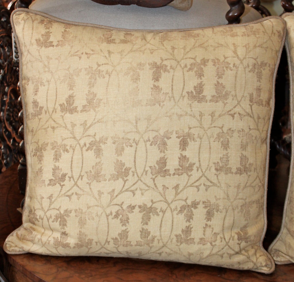 Pair of Rose Tarlow printed linen pillows with silk linen backs and self welt detailing.