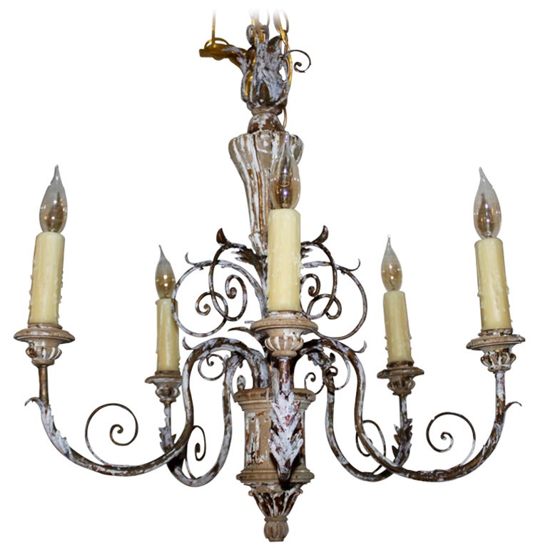 (5) Light Italian Carved Wood and Iron Chandelier
