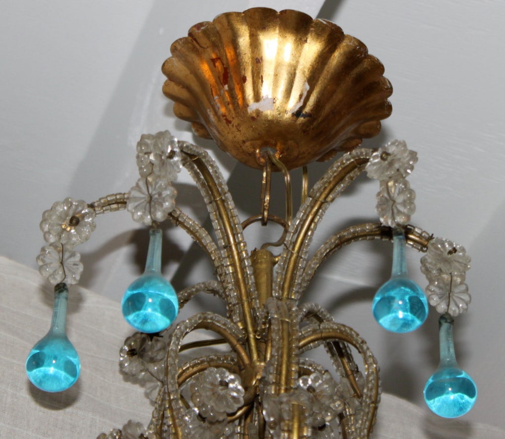Italian Aqua Crystal Beaded Chandelier In Good Condition In Los Angeles, CA