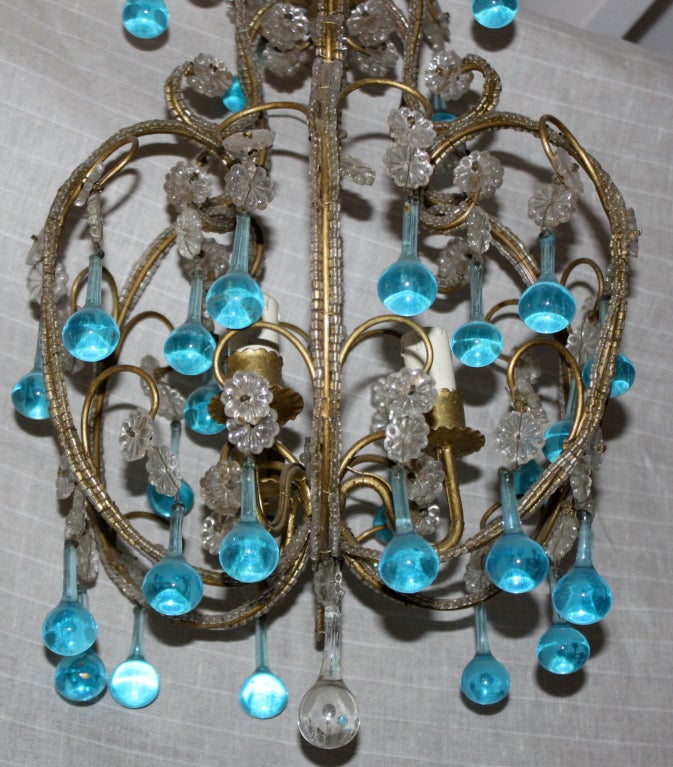 Mid-20th Century Italian Aqua Crystal Beaded Chandelier