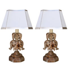 Pair of Carved Acanthus Leaf Lamps with Custom Shades