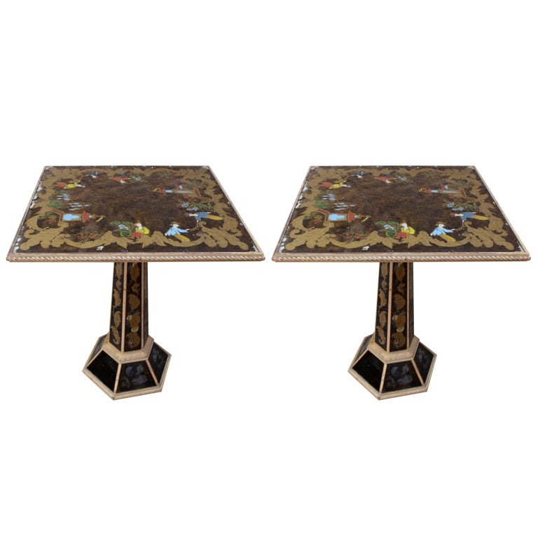 Pair of Reverse Painted Chinoiserie Mirrored Tables