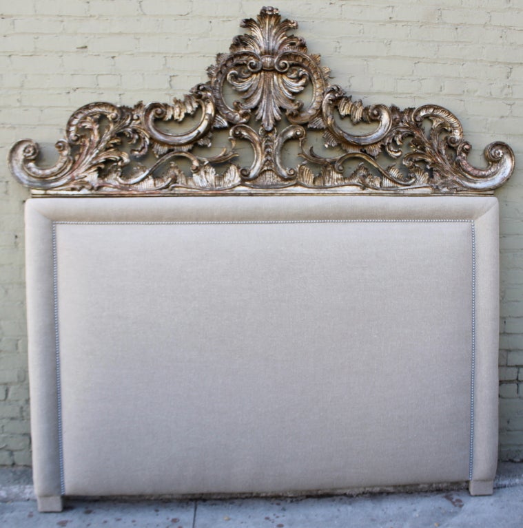 Custom Belgium Linen Headboard with Carved Wood Panel