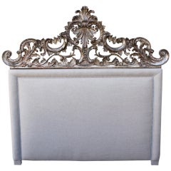 Custom Belgium Linen Headboard with Carved Wood Panel