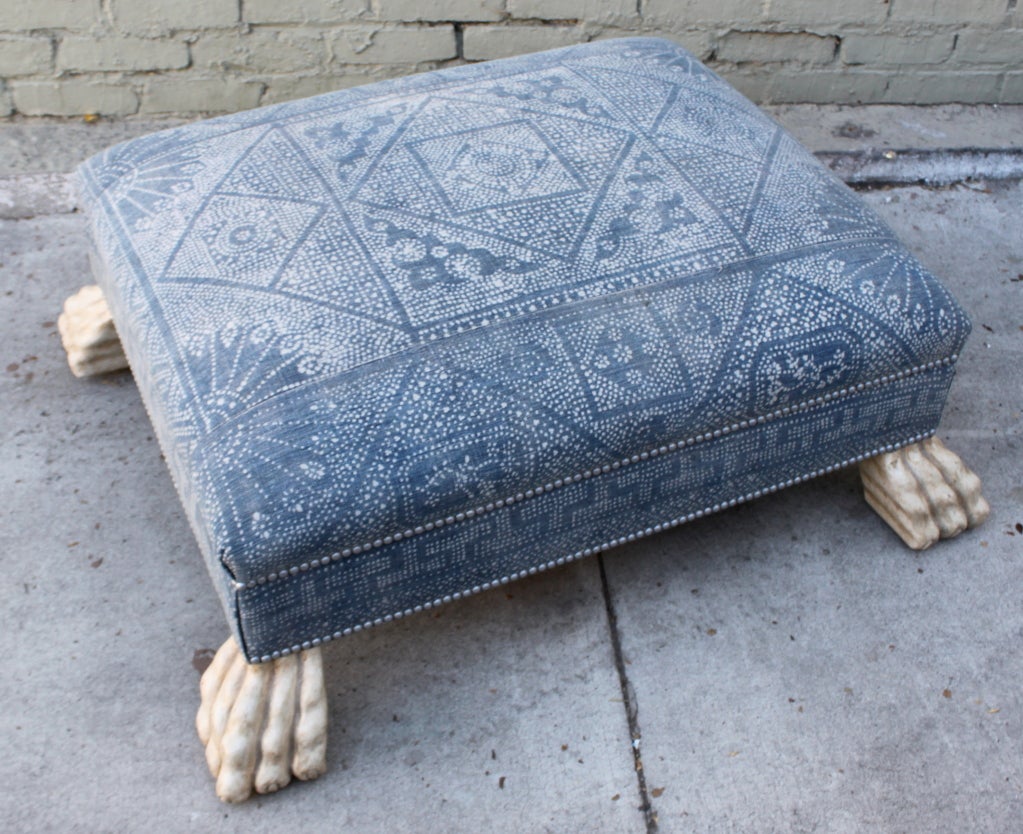 Vintage Batik Textile Ottoman with Paw Feet 4