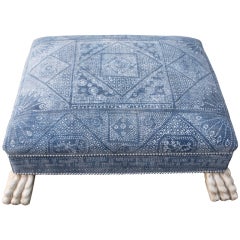 Vintage Batik Textile Ottoman with Paw Feet