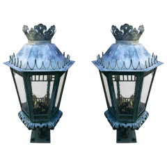 Antique Pair of French Painted Metal Lanterns