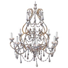 Carved Painted Iron and Wood Beaded Chandelier