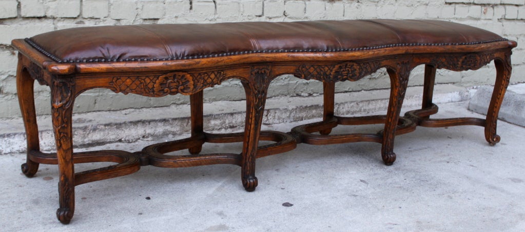 Carved French Leather Upholstered Bench In Excellent Condition In Los Angeles, CA