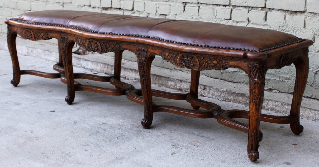 20th Century Carved French Leather Upholstered Bench
