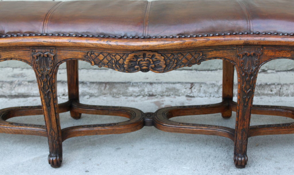 Wood Carved French Leather Upholstered Bench