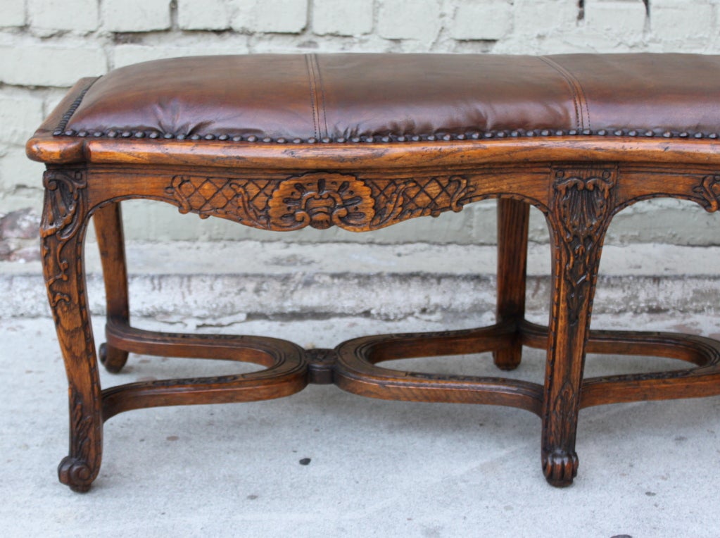 Carved French Leather Upholstered Bench 1