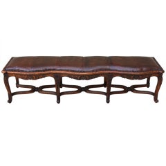 Carved French Leather Upholstered Bench