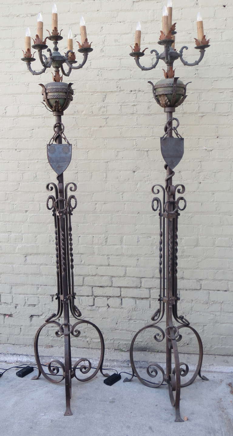 Monumental Spanish Wrought Iron Torchieres