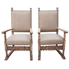 Pair of Spanish Burlap Upholstered Armchairs