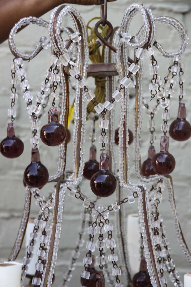 Mid-20th Century Italian Macaroni Crystal Beaded Chandelier with Amethyst Drops