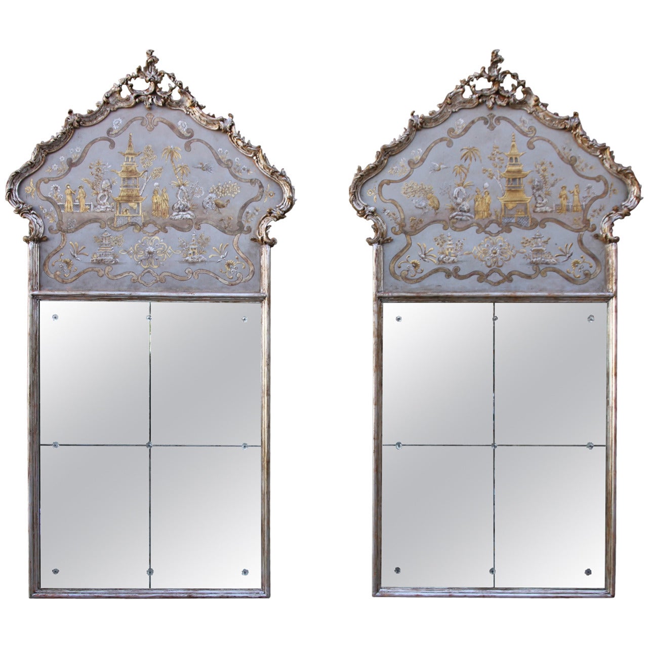 Pair of Monumental Chinoiserie Painted Mirrors