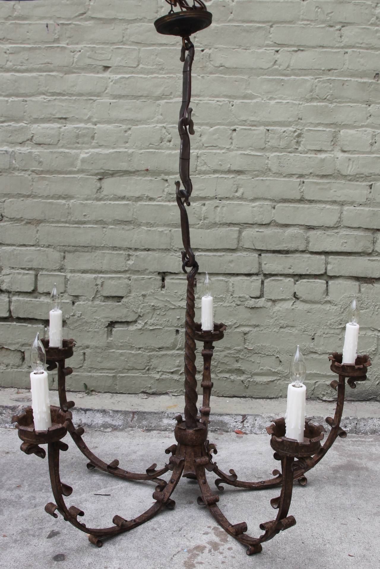 Spanish Wrought Iron Five-Arm Chandelier In Excellent Condition In Los Angeles, CA