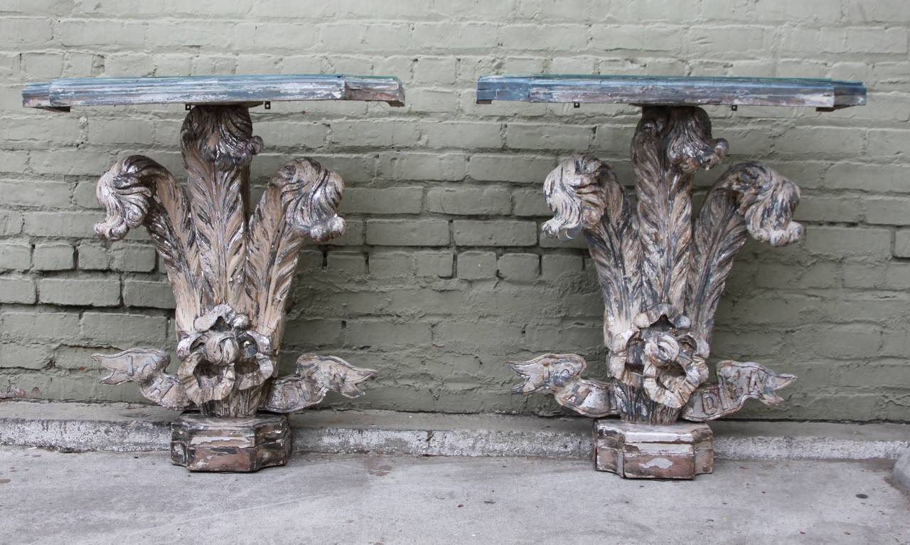 Carved Prince of Wales Feather Consoles with Mirrored Tops