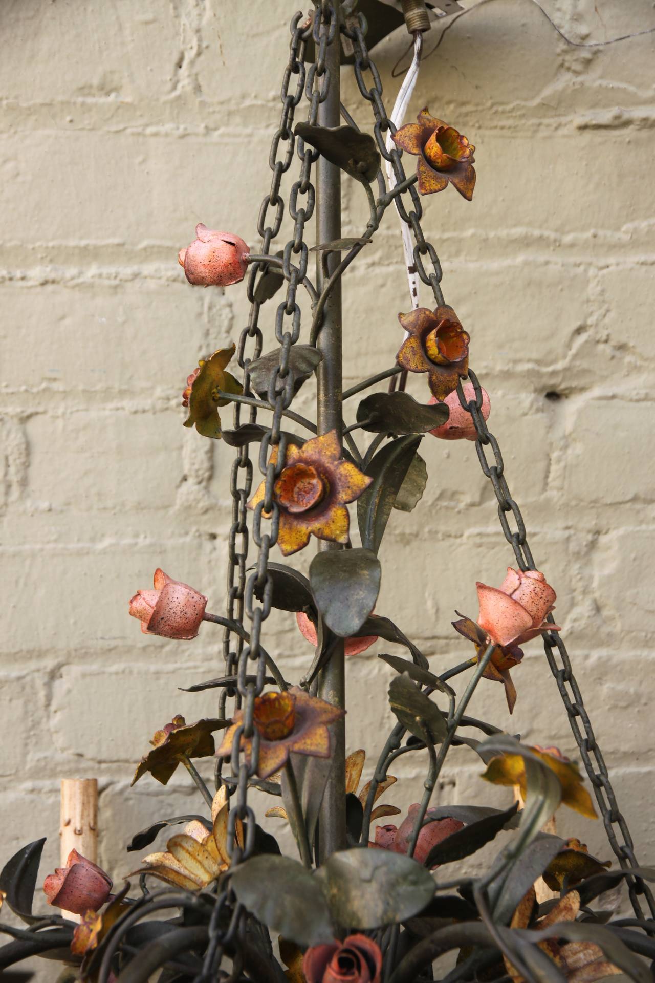 French tole painted floral basket six-light chandelier. Newly wired with chain and canopy included.
