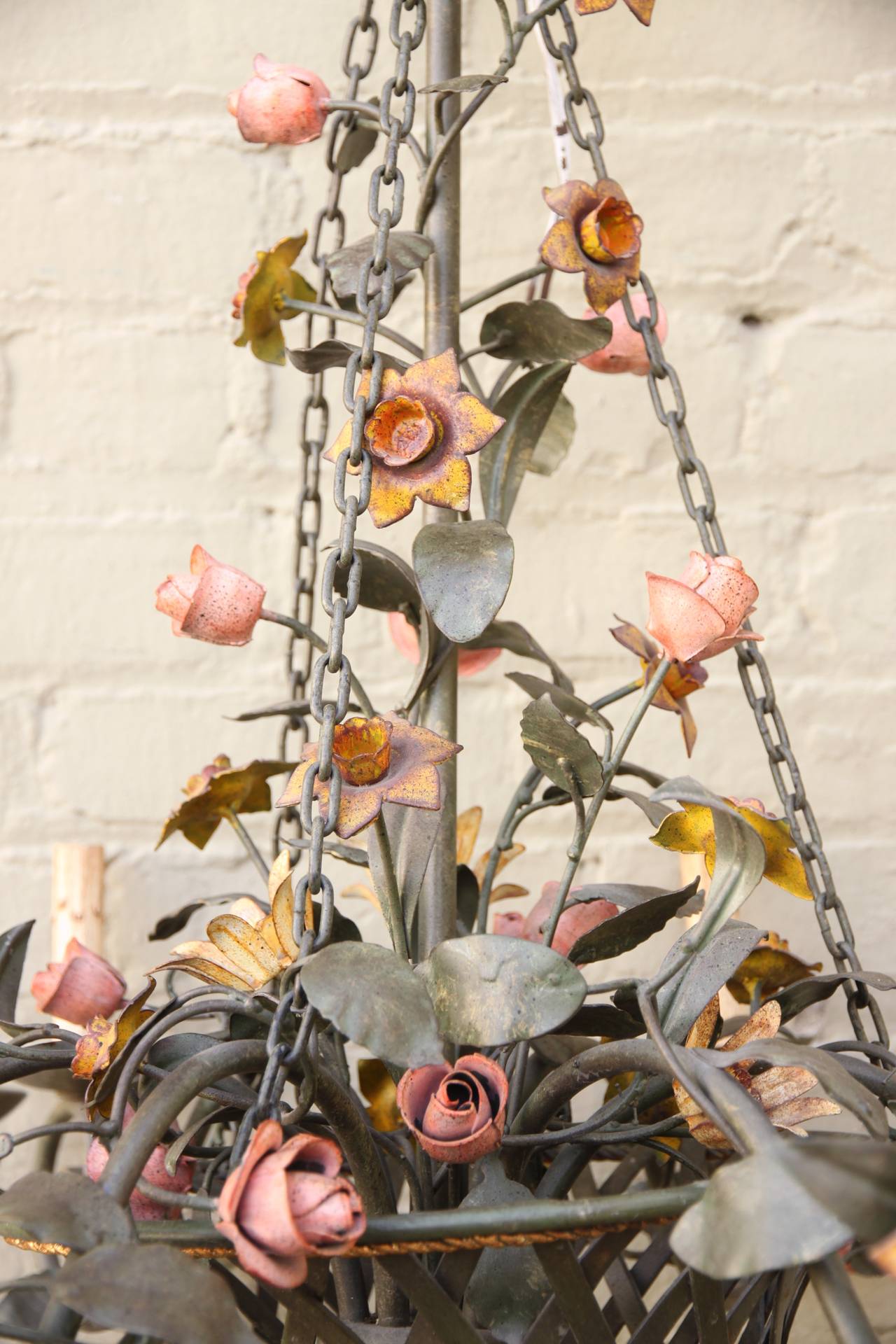 Mid-20th Century French Tole Painted Floral Chandelier