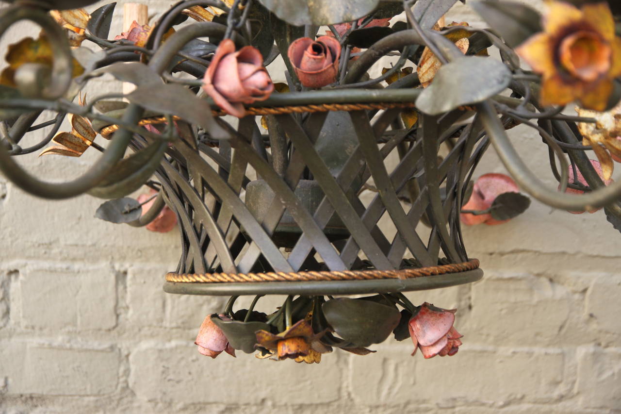 Metal French Tole Painted Floral Chandelier