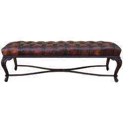 French Leather Tufted Bench, Circa 1940