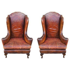 Vintage Pair of Leather Wingback Armchairs